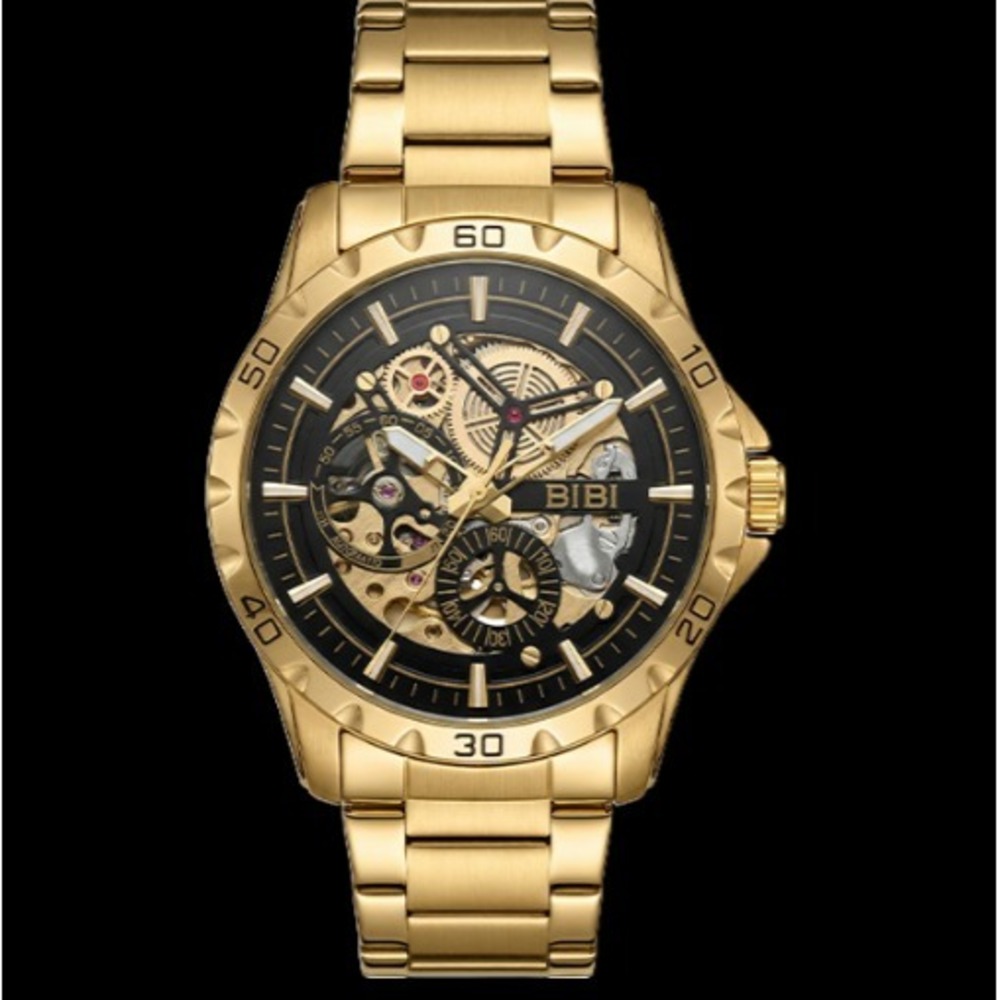 BIBI‎ Men's Automatic Skeleton Watch Gold Black Dial 42mm